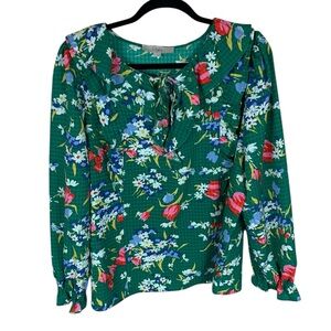 Loft Green Floral Long Sleeve Ruffle Keyhole Neck Top Size L Cottagecore
